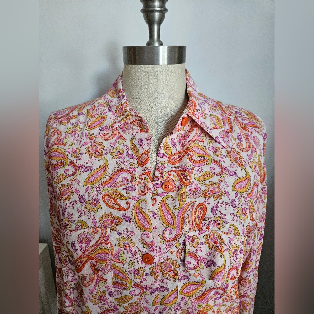 NWOT ZARA Orange & Pink Paisley Silky Button Down Blouse | SZ M - Picture 8 of 12